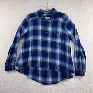 American Eagle Outfitters Women Blue Plaid Flannel Button Up Shirt Long Sleeve